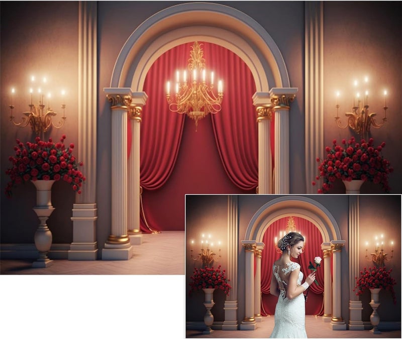 YongFoto Retro Palace French Arched Door Backdrop 7x5ft European Columns Red Rose Vase Candlestick Princess Castle Photography Background Wedding Party Banner Portraits Photoshoot Wallpaper Props - Image 1
