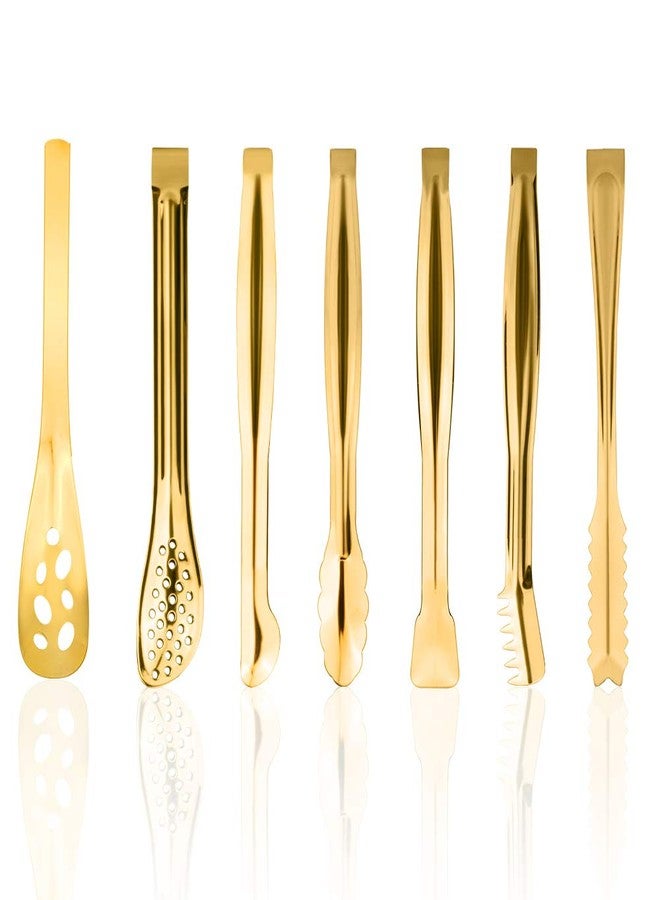 Picowe 7 Pack Mini Serving Spoon Set, 6 Inch Appetizers Tongs, Sugar Ice Small Tongs for Tea Coffee Bar, Stainless Steel, Golden - Image 1