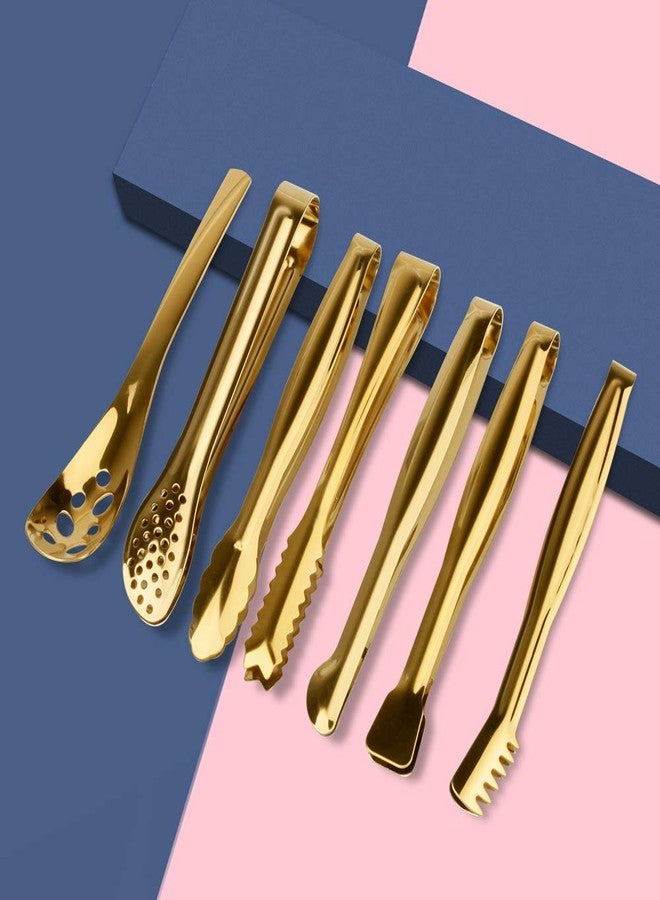 Picowe 7 Pack Mini Serving Spoon Set, 6 Inch Appetizers Tongs, Sugar Ice Small Tongs for Tea Coffee Bar, Stainless Steel, Golden - Image 3