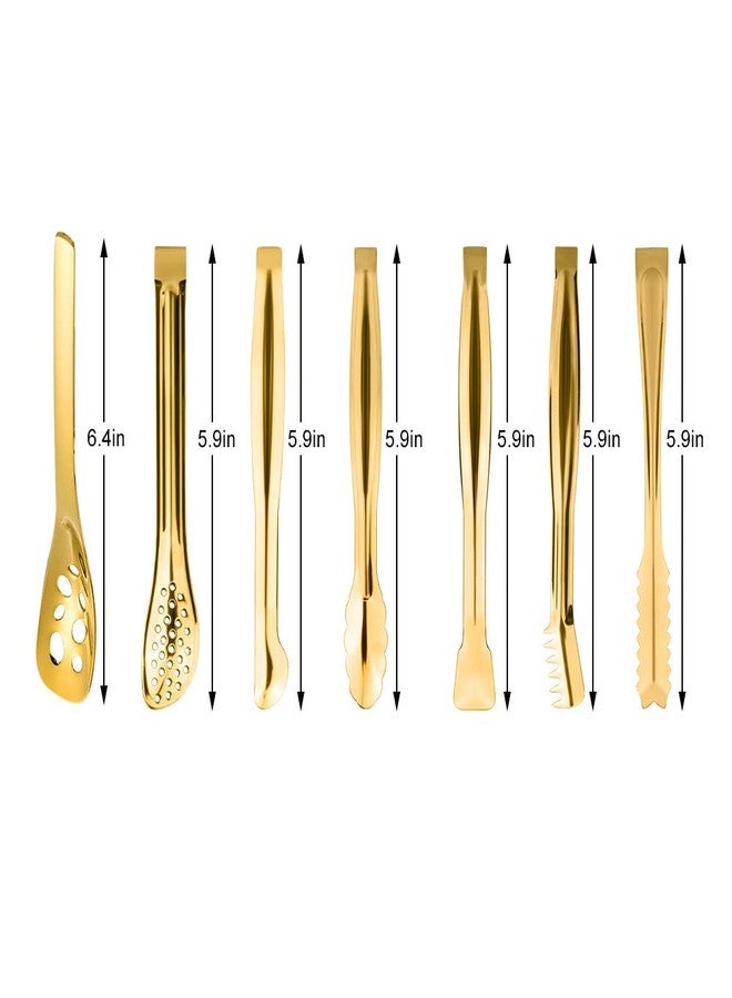 Picowe 7 Pack Mini Serving Spoon Set, 6 Inch Appetizers Tongs, Sugar Ice Small Tongs for Tea Coffee Bar, Stainless Steel, Golden - Image 2