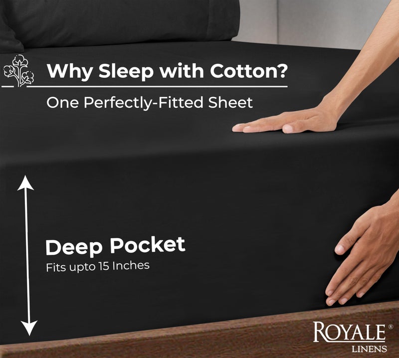 Royale Linens 100% Organic Cotton Fitted Sheet - Percale Weave - Super Soft Deep Pocket Bottom Sheets - Black Elastic Sheet Queen Size - Queen Fitted Sheets Only - (60"x80"+15", Black) - Image 2