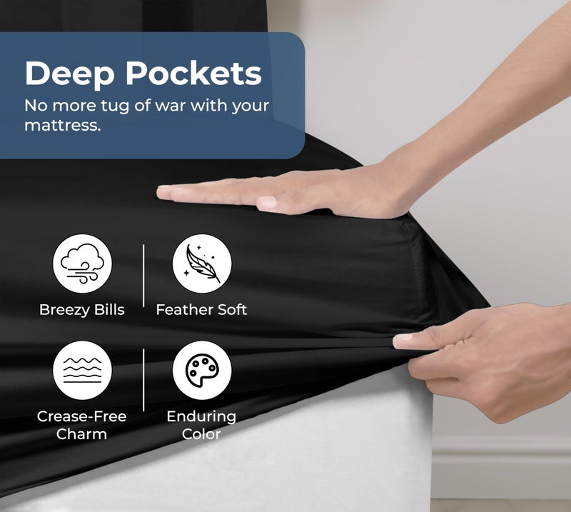Royale Linens 100% Organic Cotton Fitted Sheet - Percale Weave - Super Soft Deep Pocket Bottom Sheets - Black Elastic Sheet Queen Size - Queen Fitted Sheets Only - (60"x80"+15", Black) - Image 4