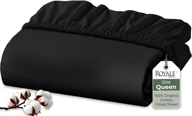 Royale Linens 100% Organic Cotton Fitted Sheet - Percale Weave - Super Soft Deep Pocket Bottom Sheets - Black Elastic Sheet Queen Size - Queen Fitted Sheets Only - (60"x80"+15", Black) - Image 1
