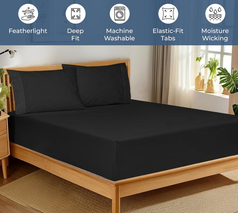Royale Linens 100% Organic Cotton Fitted Sheet - Percale Weave - Super Soft Deep Pocket Bottom Sheets - Black Elastic Sheet Queen Size - Queen Fitted Sheets Only - (60"x80"+15", Black) - Image 3