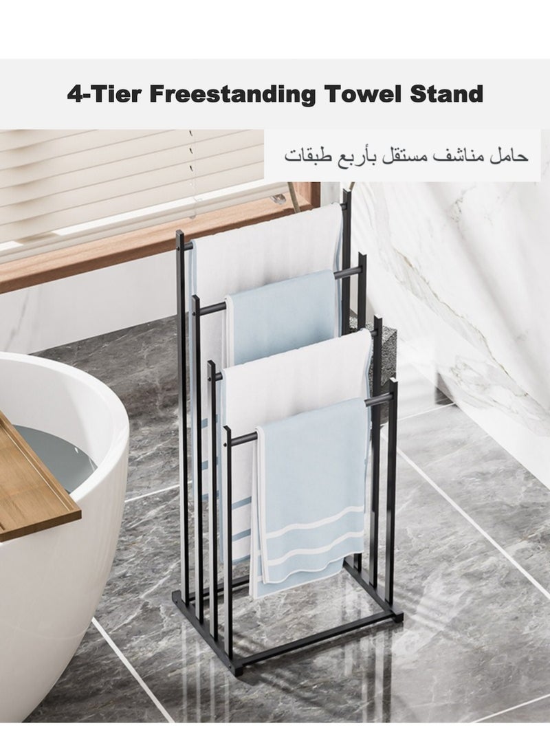 ياسمينةارا حامل مناشف مستقل من 4 طبقات، رف تخزين للحمام مع 4 قضبان تجفيف وقاعدة مربعة، حامل سجاد للصلاة، منظم فولاذي شديد التحمل للحمام وغرفة الغسيل وحمام السباحة، أسود - Image 1