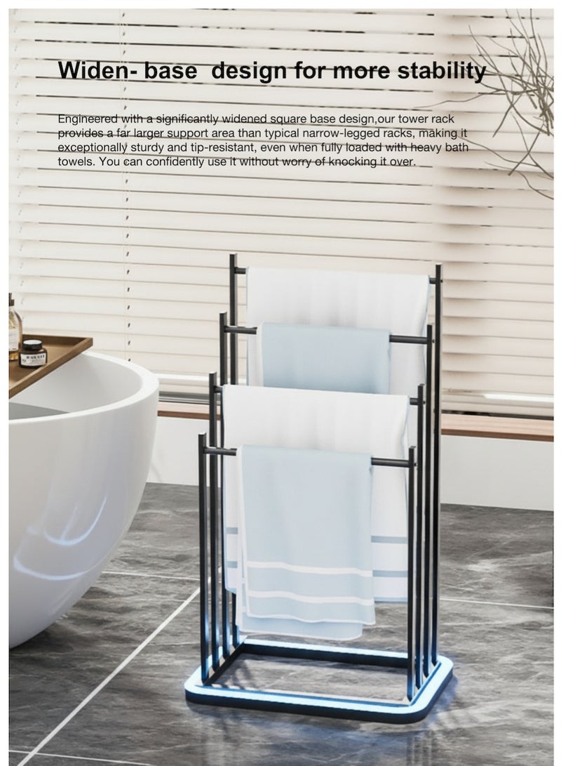 ياسمينةارا حامل مناشف مستقل من 4 طبقات، رف تخزين للحمام مع 4 قضبان تجفيف وقاعدة مربعة، حامل سجاد للصلاة، منظم فولاذي شديد التحمل للحمام وغرفة الغسيل وحمام السباحة، أسود - Image 2