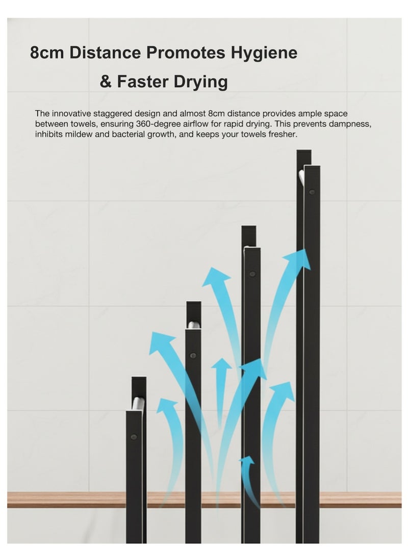 ياسمينةارا حامل مناشف مستقل من 4 طبقات، رف تخزين للحمام مع 4 قضبان تجفيف وقاعدة مربعة، حامل سجاد للصلاة، منظم فولاذي شديد التحمل للحمام وغرفة الغسيل وحمام السباحة، أسود - Image 3