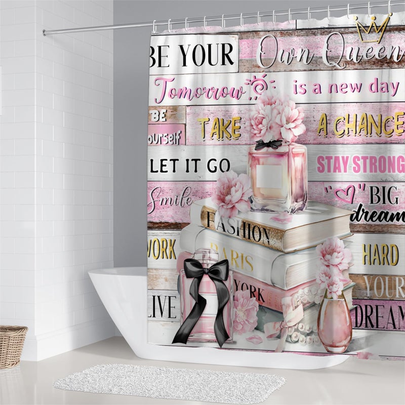 AZHM 4pcs Shower Curtain Sets Pink Fashion Floral Bathroom Decor Set Inspirational Quotes Bathroom Curtain Shower Set with Rugs and Accessories Girly Perfume Bottles Toilet Curtain Set - Image 3