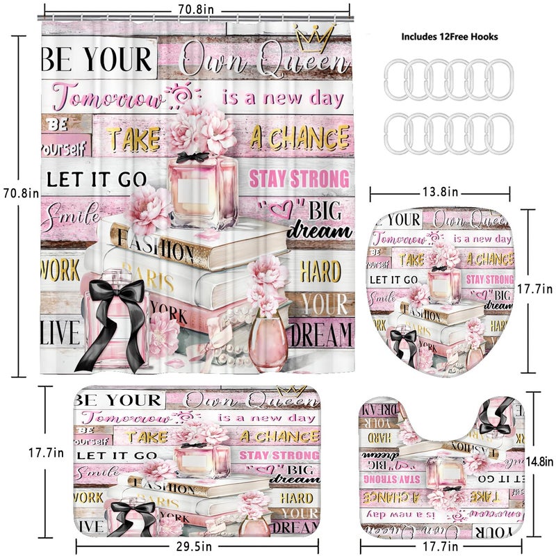 AZHM 4pcs Shower Curtain Sets Pink Fashion Floral Bathroom Decor Set Inspirational Quotes Bathroom Curtain Shower Set with Rugs and Accessories Girly Perfume Bottles Toilet Curtain Set - Image 2