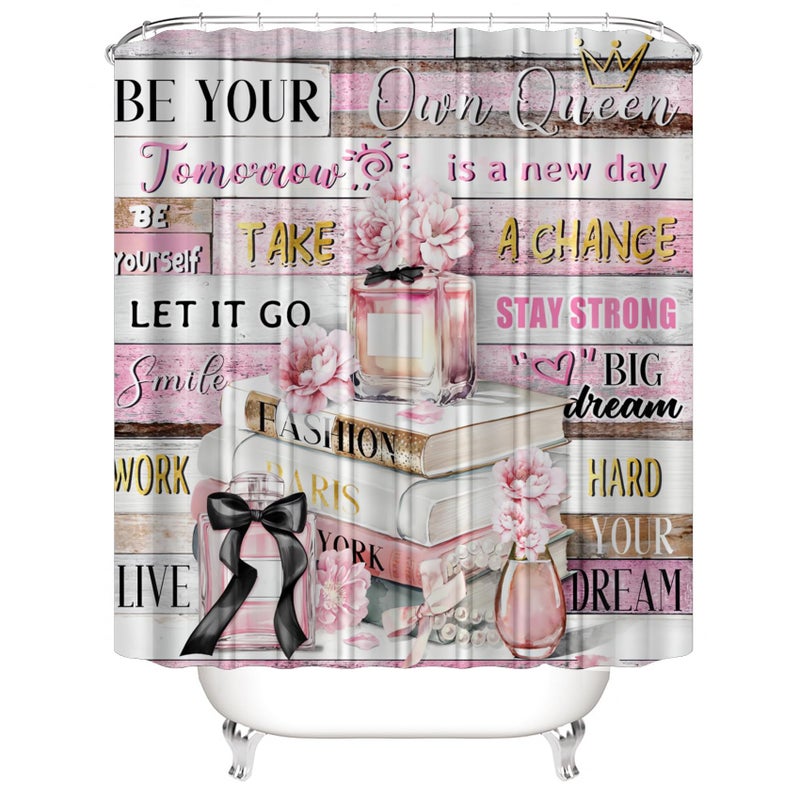 AZHM 4pcs Shower Curtain Sets Pink Fashion Floral Bathroom Decor Set Inspirational Quotes Bathroom Curtain Shower Set with Rugs and Accessories Girly Perfume Bottles Toilet Curtain Set - Image 4