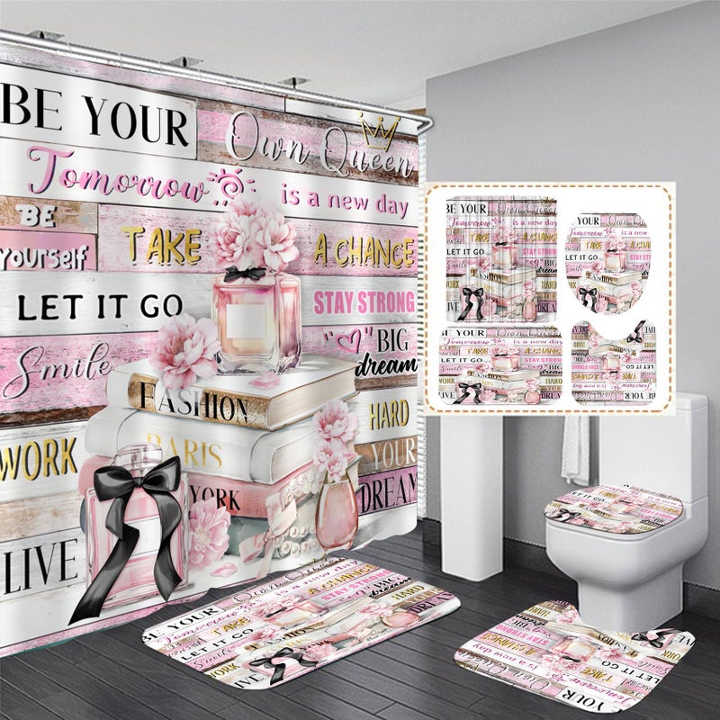 AZHM 4pcs Shower Curtain Sets Pink Fashion Floral Bathroom Decor Set Inspirational Quotes Bathroom Curtain Shower Set with Rugs and Accessories Girly Perfume Bottles Toilet Curtain Set - Image 1