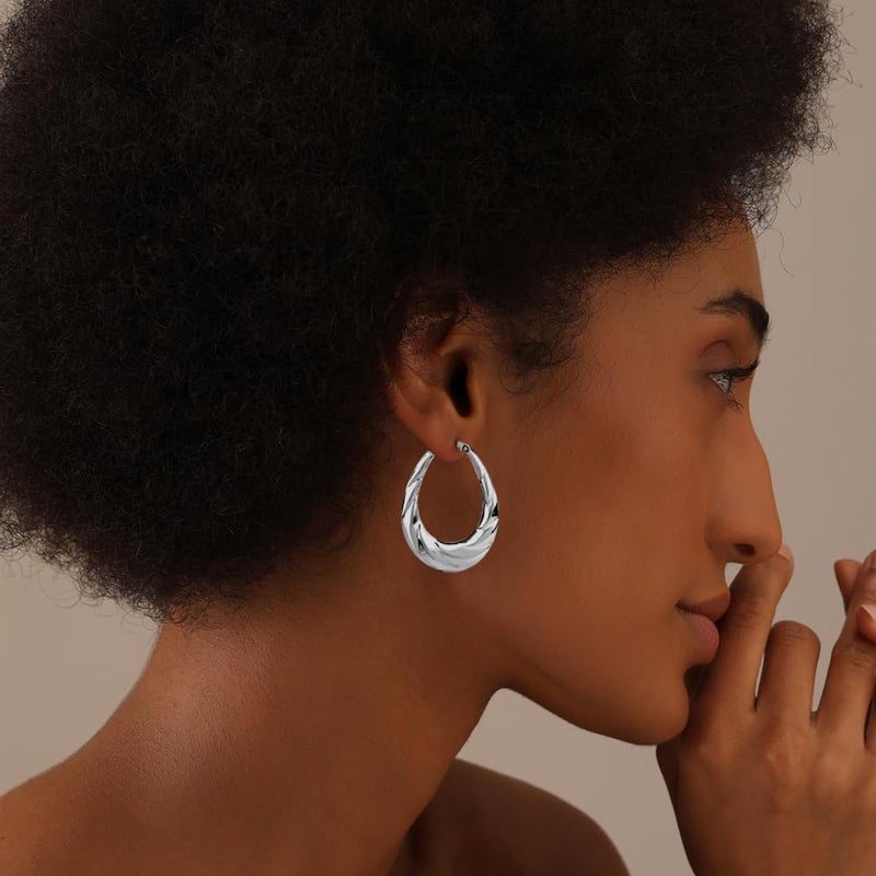 LeCalla 925 Sterling Silver Hoop Earrings High Polish Shrimp Classic Oval Hoops Earring for Women - 38MM - Image 3