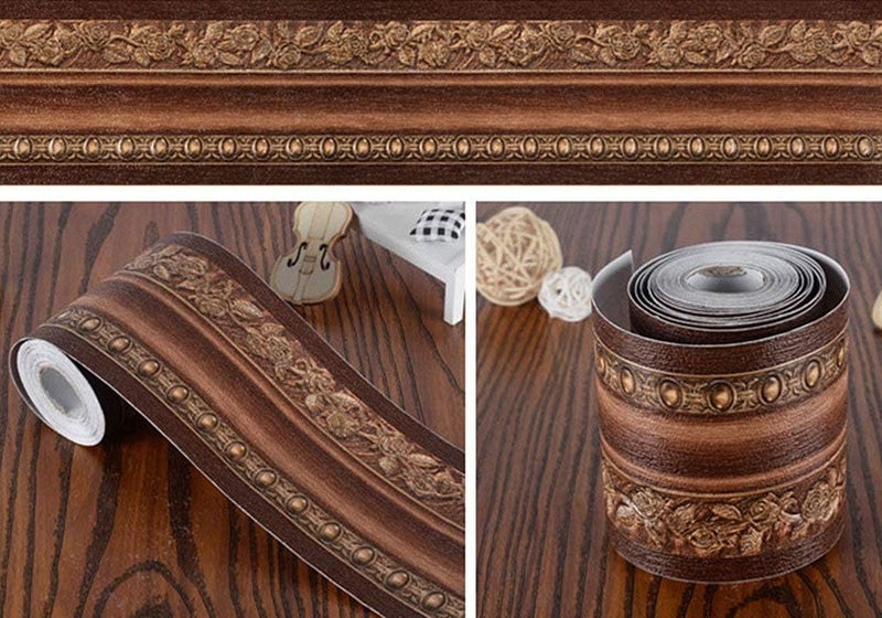 UPREDO 3D Decorative Floral Molding Waterproof Wallpaper Border Peel and Stick for Bathroom Kitchen Counter Top Backsplash Tiles Sticker,4 Inch by 16.4Ft (Dark Brown) - Image 4