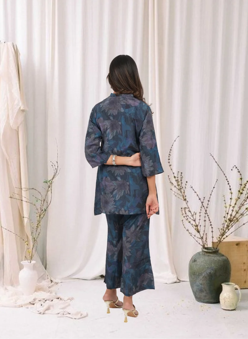 Lehar Navy Floral Printed Cotton Kurta Set