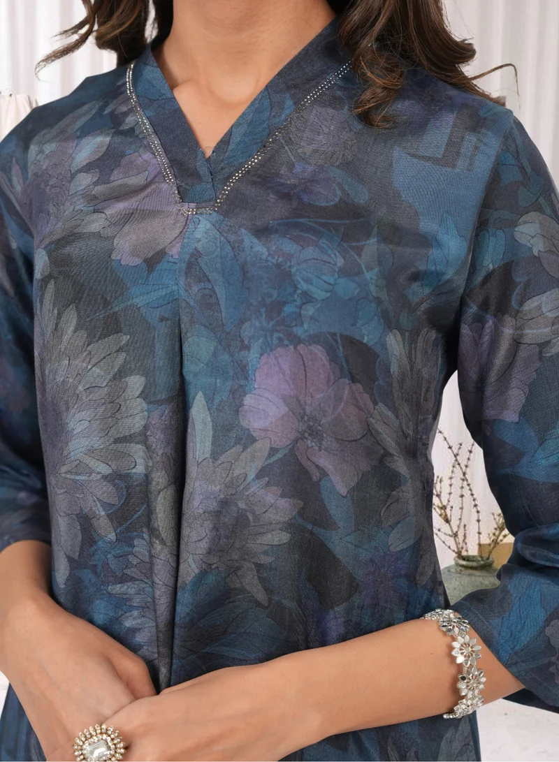 Lehar Navy Floral Printed Cotton Kurta Set