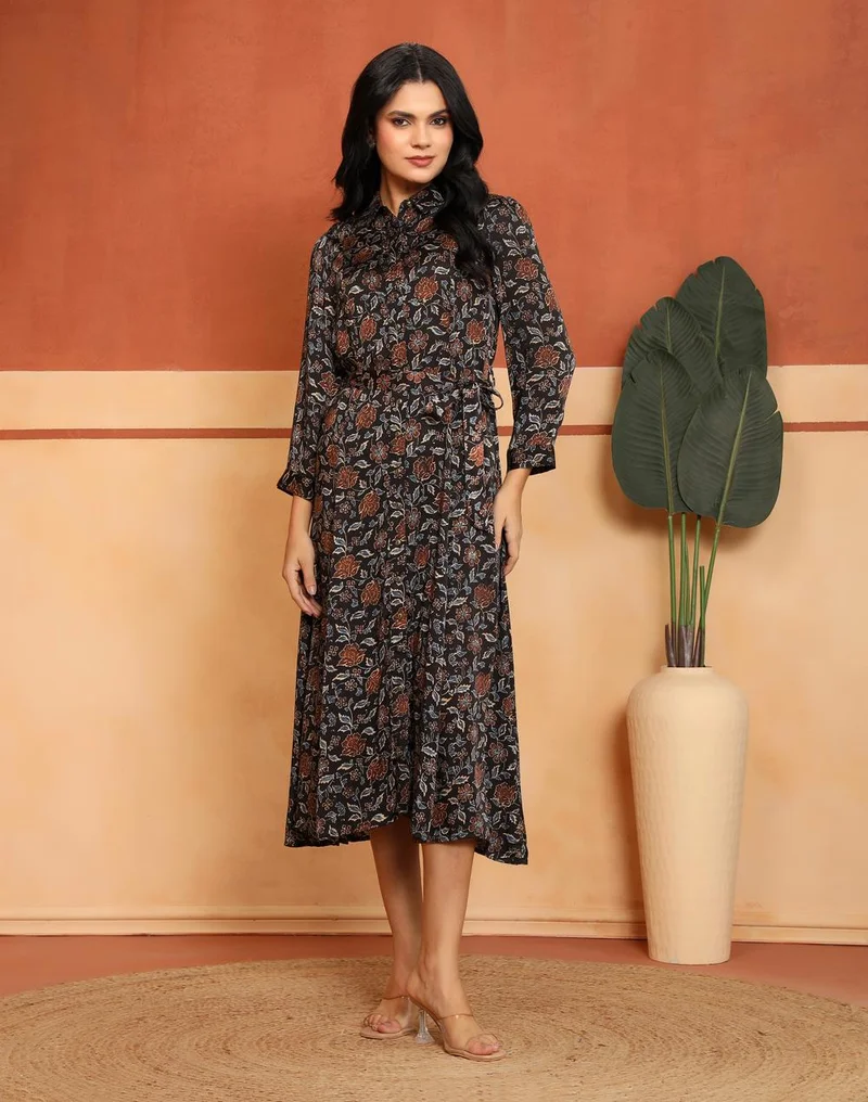 Fabindia  Black-Red Rayon Blend Printed Ajrakh Maxi for Women | Best Price UAE
