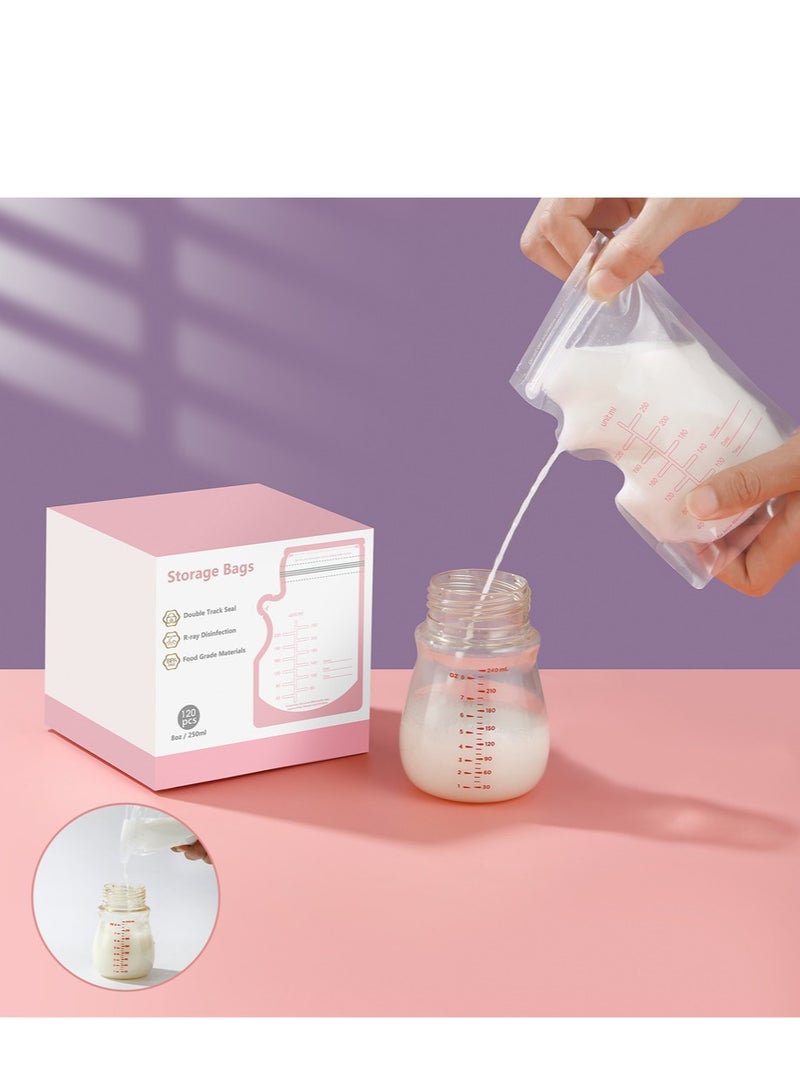 120 PCS Self Standing Breast milk Storage Bags, Food Grade Material.250ML,Milk Plastic Bag