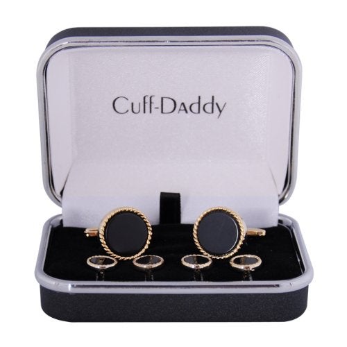 Cuff-Daddy Onyx Gold Tone Cufflinks and Studs - Round Ribbed Tuxedo Formal Set with Presentation Box - 5/8" and 3/8" Black and Goldtone Cufflinks Studs - Image 3