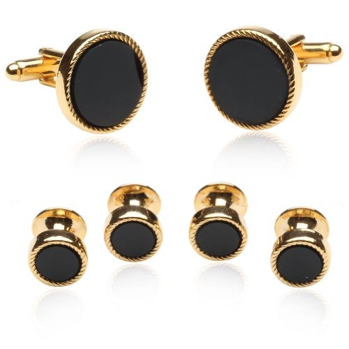 Cuff-Daddy Onyx Gold Tone Cufflinks and Studs - Round Ribbed Tuxedo Formal Set with Presentation Box - 5/8" and 3/8" Black and Goldtone Cufflinks Studs - Image 1