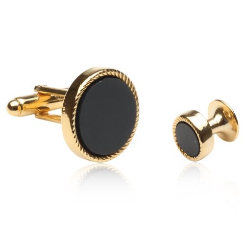 Cuff-Daddy Onyx Gold Tone Cufflinks and Studs - Round Ribbed Tuxedo Formal Set with Presentation Box - 5/8" and 3/8" Black and Goldtone Cufflinks Studs - Image 2