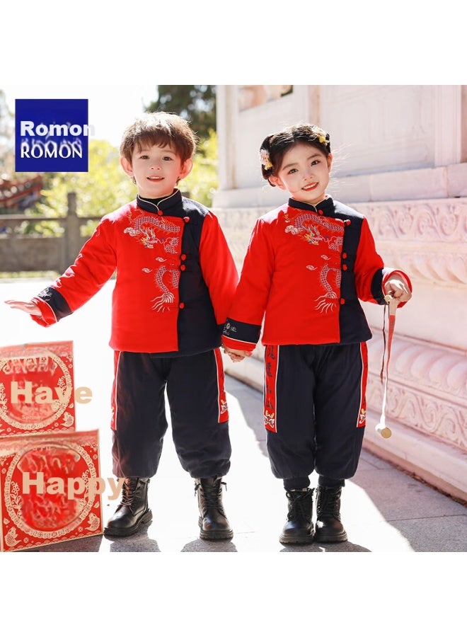 ROMON Romon Children's Hanfu Boys Chinese Style Tang Suit Thickened Cotton Clothing Girls New Year's Performance Costume Red 120 