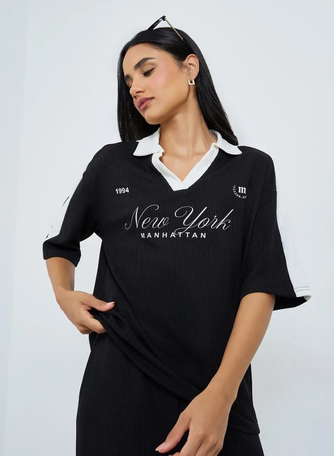 Styli Black Slogan Print Collared Oversized Polo T-Shirt