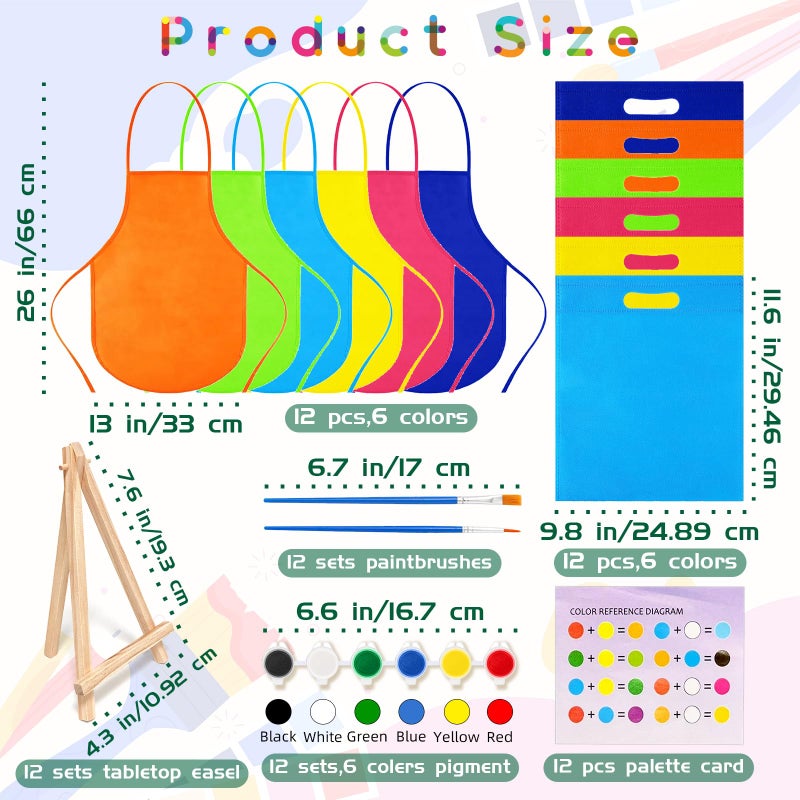 SytuHete 48PCS 12 Sets Printed Canvas Paint Art 12 Pcs Wooden Easel Set Paint Pots and Brushes and 12 Pre Drawn Canvas Panel 12 Pcs Mini Apron and Tote Bag for Kids(Animal) - Image 3