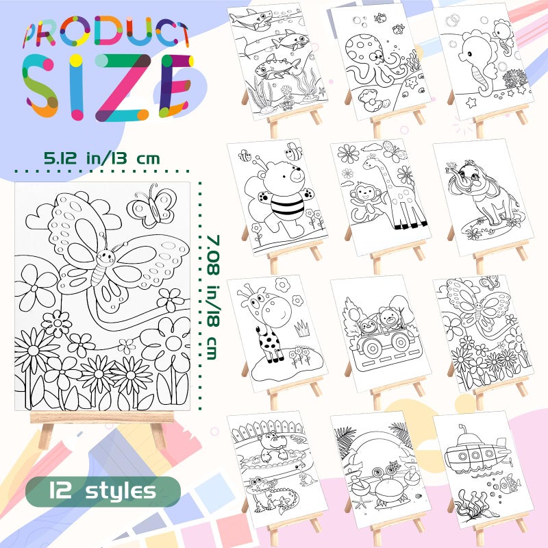 SytuHete 48PCS 12 Sets Printed Canvas Paint Art 12 Pcs Wooden Easel Set Paint Pots and Brushes and 12 Pre Drawn Canvas Panel 12 Pcs Mini Apron and Tote Bag for Kids(Animal) - Image 2