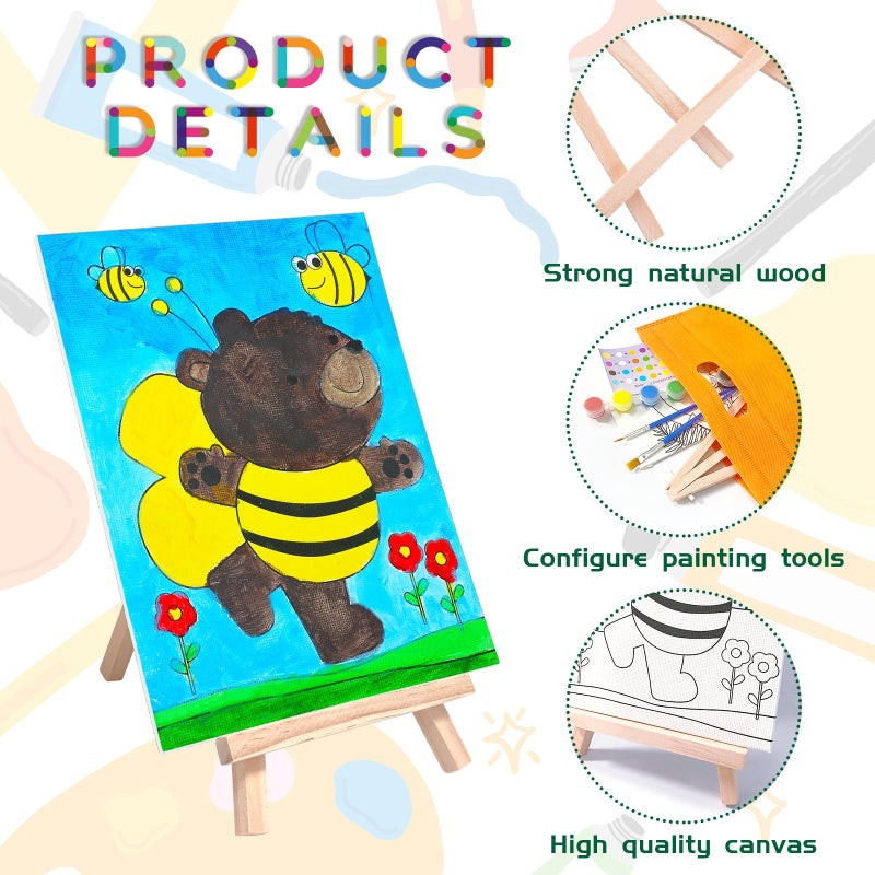 SytuHete 48PCS 12 Sets Printed Canvas Paint Art 12 Pcs Wooden Easel Set Paint Pots and Brushes and 12 Pre Drawn Canvas Panel 12 Pcs Mini Apron and Tote Bag for Kids(Animal) - Image 4