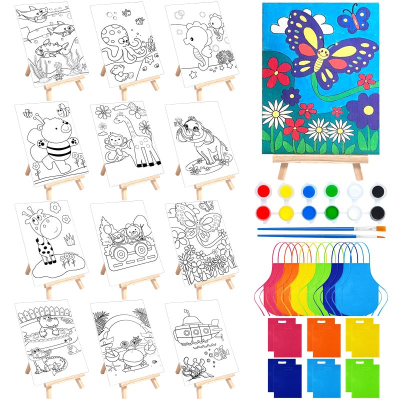 SytuHete 48PCS 12 Sets Printed Canvas Paint Art 12 Pcs Wooden Easel Set Paint Pots and Brushes and 12 Pre Drawn Canvas Panel 12 Pcs Mini Apron and Tote Bag for Kids(Animal) - Image 1