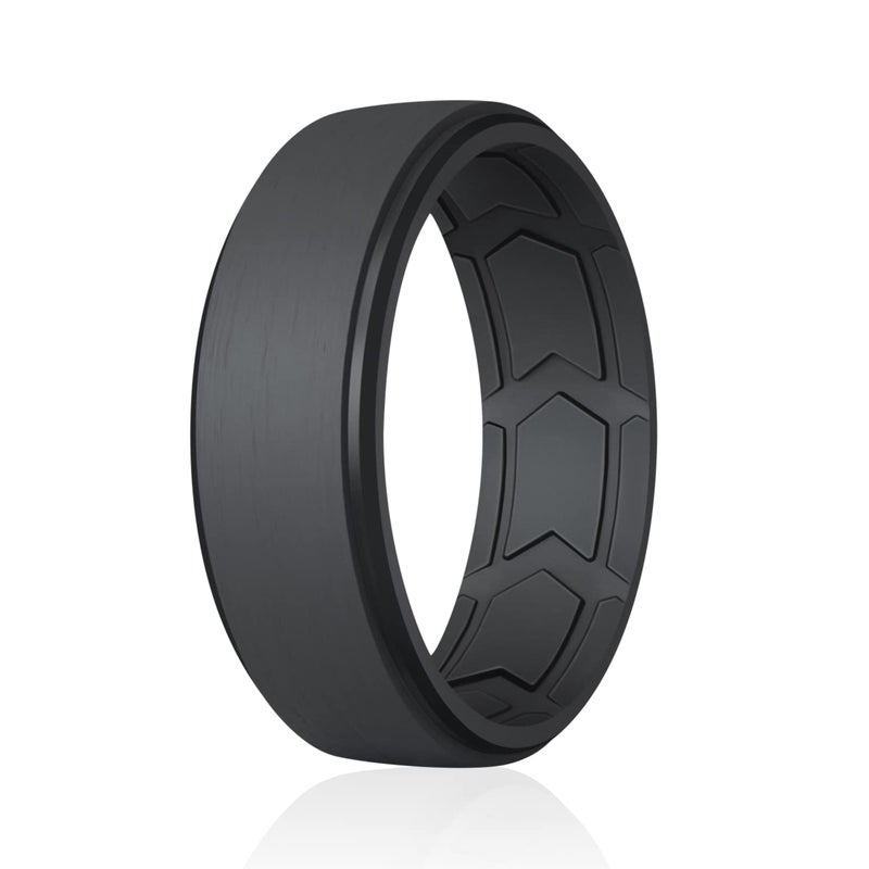 ROQ Silicone Rubber Wedding Ring for Men, Comfort Fit, Men's Wedding Band, Rubber Engagement Band, Enhanced Breathability, Step Brushed Top, 8mm Wide 2mm Thick, Single, Black, Size 10 - Image 1