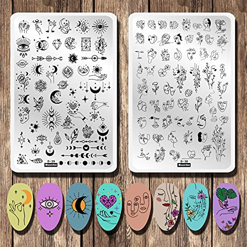 Mezerdoo 2pcs Large Abstract Face Galaxy Nail Stamping Plates Line Girl Face Pictures Stencil Moon Star Space Nail Picture Design Stamp Templates Mix Flower Leaf Starry Sky Stainless Steel Nail Art Image Plate - Image 1