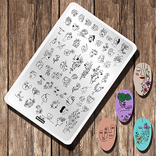 Mezerdoo 2pcs Large Abstract Face Galaxy Nail Stamping Plates Line Girl Face Pictures Stencil Moon Star Space Nail Picture Design Stamp Templates Mix Flower Leaf Starry Sky Stainless Steel Nail Art Image Plate - Image 3