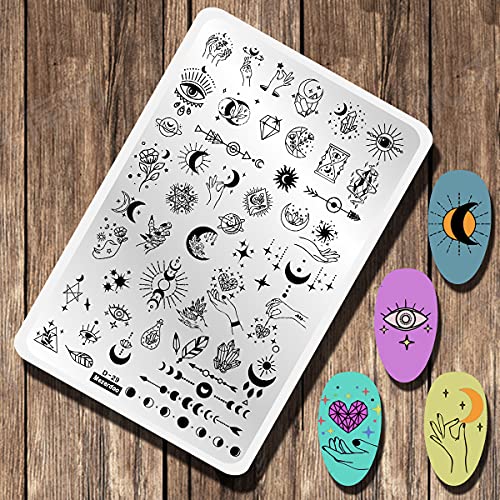 Mezerdoo 2pcs Large Abstract Face Galaxy Nail Stamping Plates Line Girl Face Pictures Stencil Moon Star Space Nail Picture Design Stamp Templates Mix Flower Leaf Starry Sky Stainless Steel Nail Art Image Plate - Image 2