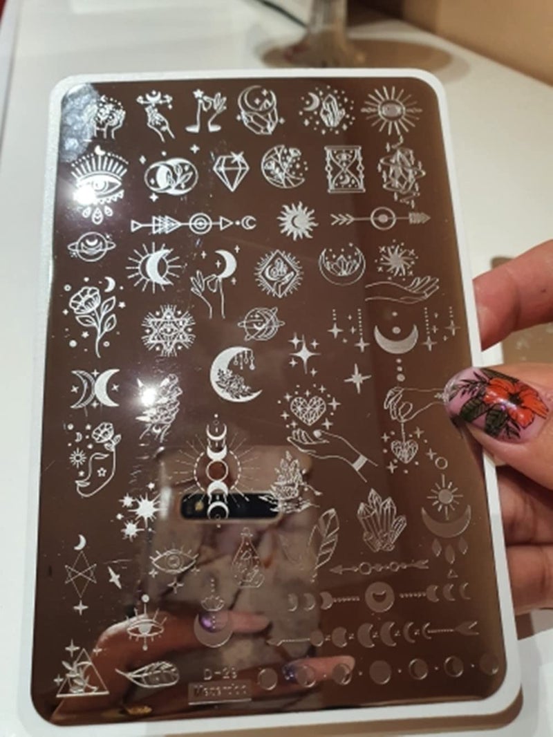 Mezerdoo 2pcs Large Abstract Face Galaxy Nail Stamping Plates Line Girl Face Pictures Stencil Moon Star Space Nail Picture Design Stamp Templates Mix Flower Leaf Starry Sky Stainless Steel Nail Art Image Plate - Image 4