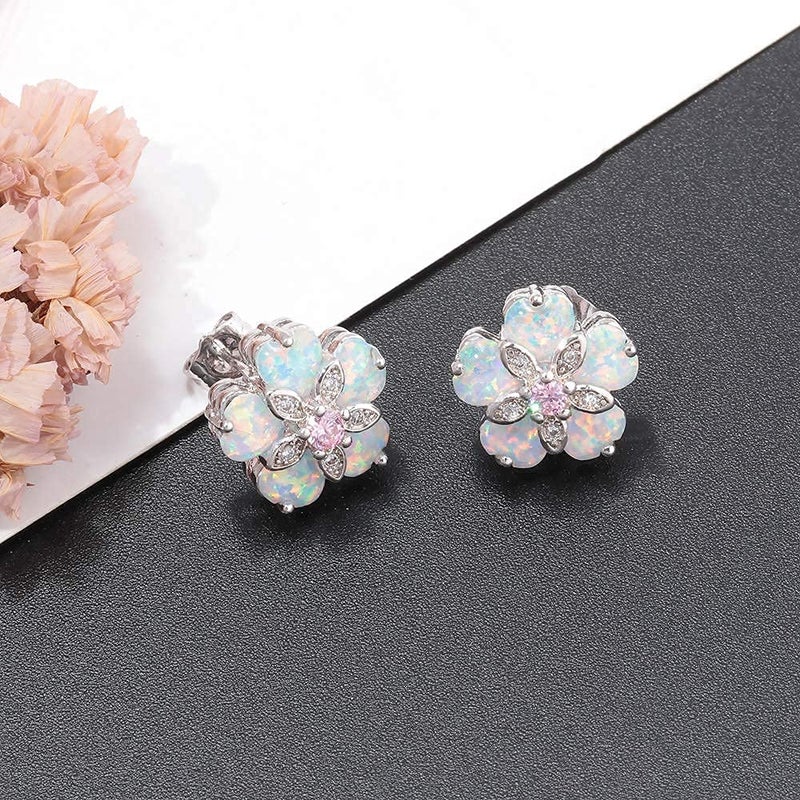 CiNily Flower Opal Earrings Stud, Pink Topaz Zircon Rhodium Plated Women Hypoallergenic Jewelry Wedding Gemstone Stud Earrings 15 mm - Image 5