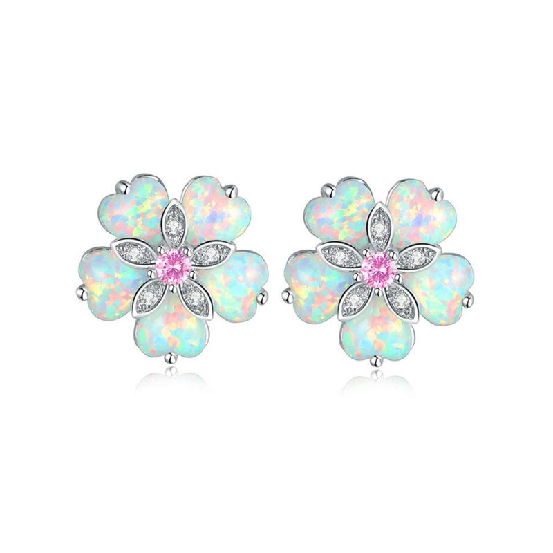 CiNily Flower Opal Earrings Stud, Pink Topaz Zircon Rhodium Plated Women Hypoallergenic Jewelry Wedding Gemstone Stud Earrings 15 mm - Image 1
