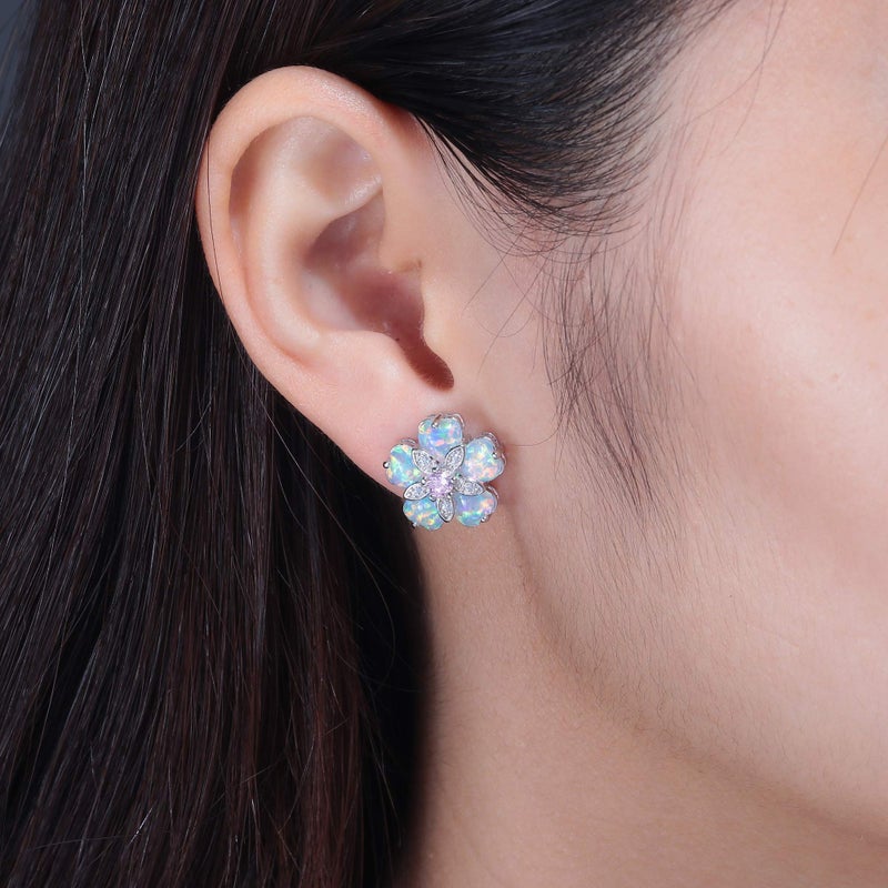 CiNily Flower Opal Earrings Stud, Pink Topaz Zircon Rhodium Plated Women Hypoallergenic Jewelry Wedding Gemstone Stud Earrings 15 mm - Image 4