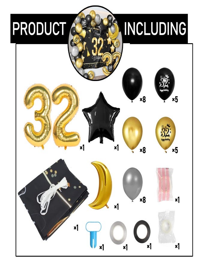 LINGPAR Happy 32nd Birthday Balloons Gold Set Decor - Cheers to 32 Years Old Party Theme Garland Star Moon Banner Backdrop Decorations For Women and Men Supplies - Image 3