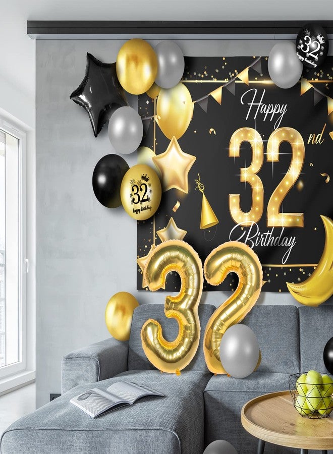LINGPAR Happy 32nd Birthday Balloons Gold Set Decor - Cheers to 32 Years Old Party Theme Garland Star Moon Banner Backdrop Decorations For Women and Men Supplies - Image 5