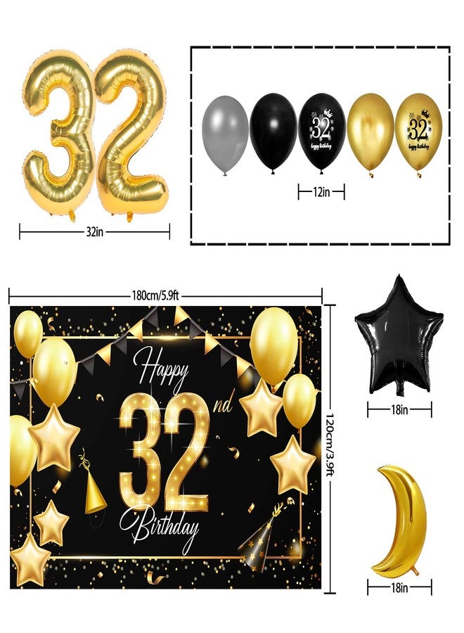 LINGPAR Happy 32nd Birthday Balloons Gold Set Decor - Cheers to 32 Years Old Party Theme Garland Star Moon Banner Backdrop Decorations For Women and Men Supplies - Image 2