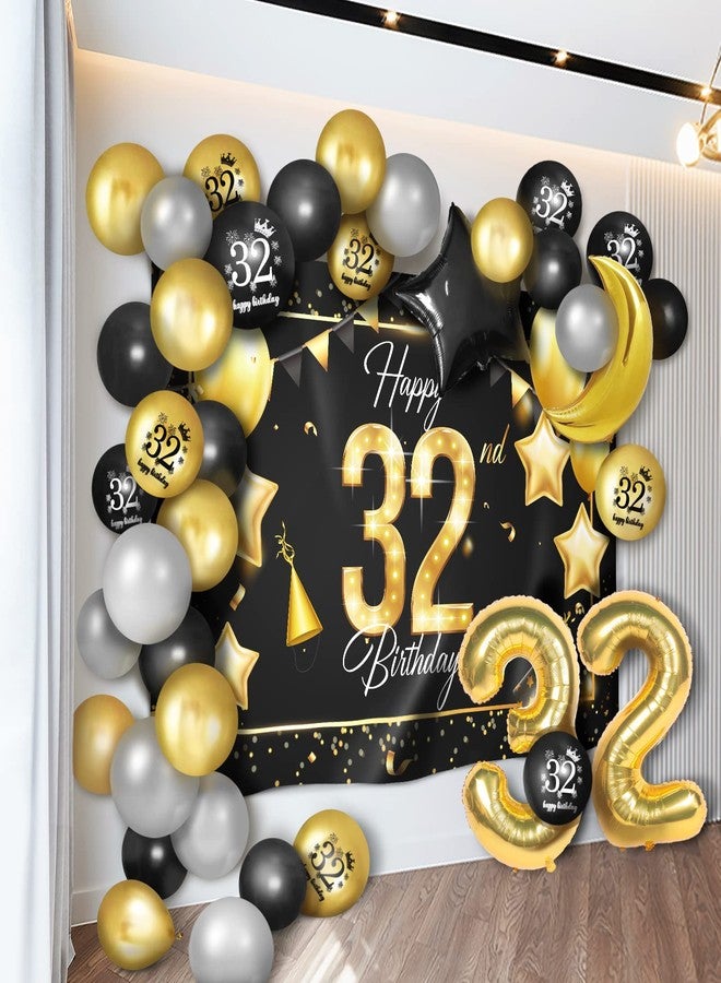 LINGPAR Happy 32nd Birthday Balloons Gold Set Decor - Cheers to 32 Years Old Party Theme Garland Star Moon Banner Backdrop Decorations For Women and Men Supplies - Image 1