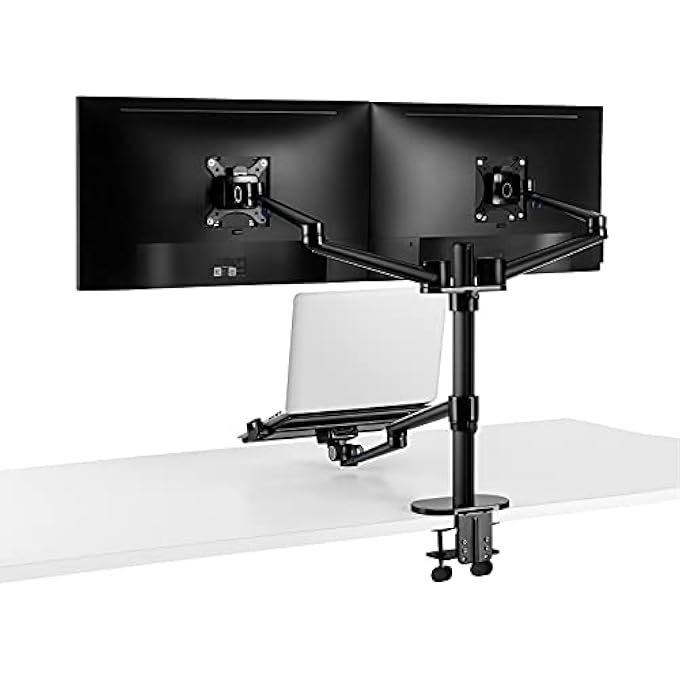 rayihni HEIGHT ADJUSTABLE 3 IN 1 LAPTOP MONITOR STAND COMPATIBLE WITH 12 TO 17 INCH LAPTOP, HOLD 2 MONITORS UP TO 27 INCH WITH VESA, MONITOR DESK STAND ARM RISER MOUNT STAND WORKSTATION (BLACK) - Image 2