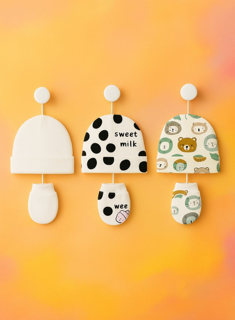 Kisunya 3pcs/Set Baby Soft Hat + Mittens + Fontanel Protector – Newborn Essentials for Everyday Wear | All Seasons | Hospital Hat Set - Image 1