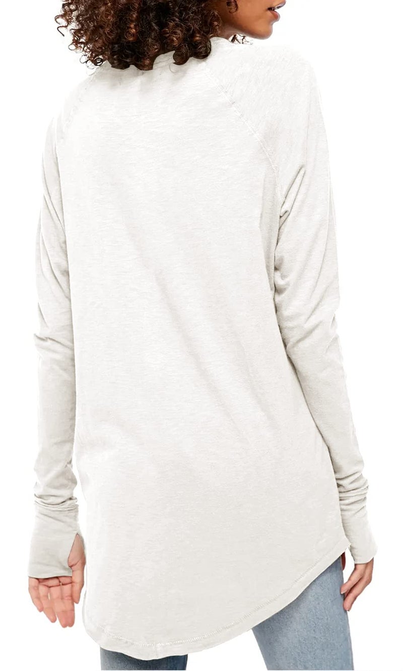 Fisoew Women's Casual Long Sleeve Tops Crew Neck Round Hem Loose T-Shirts Tunic Tops with Thumb Holes White - Image 2