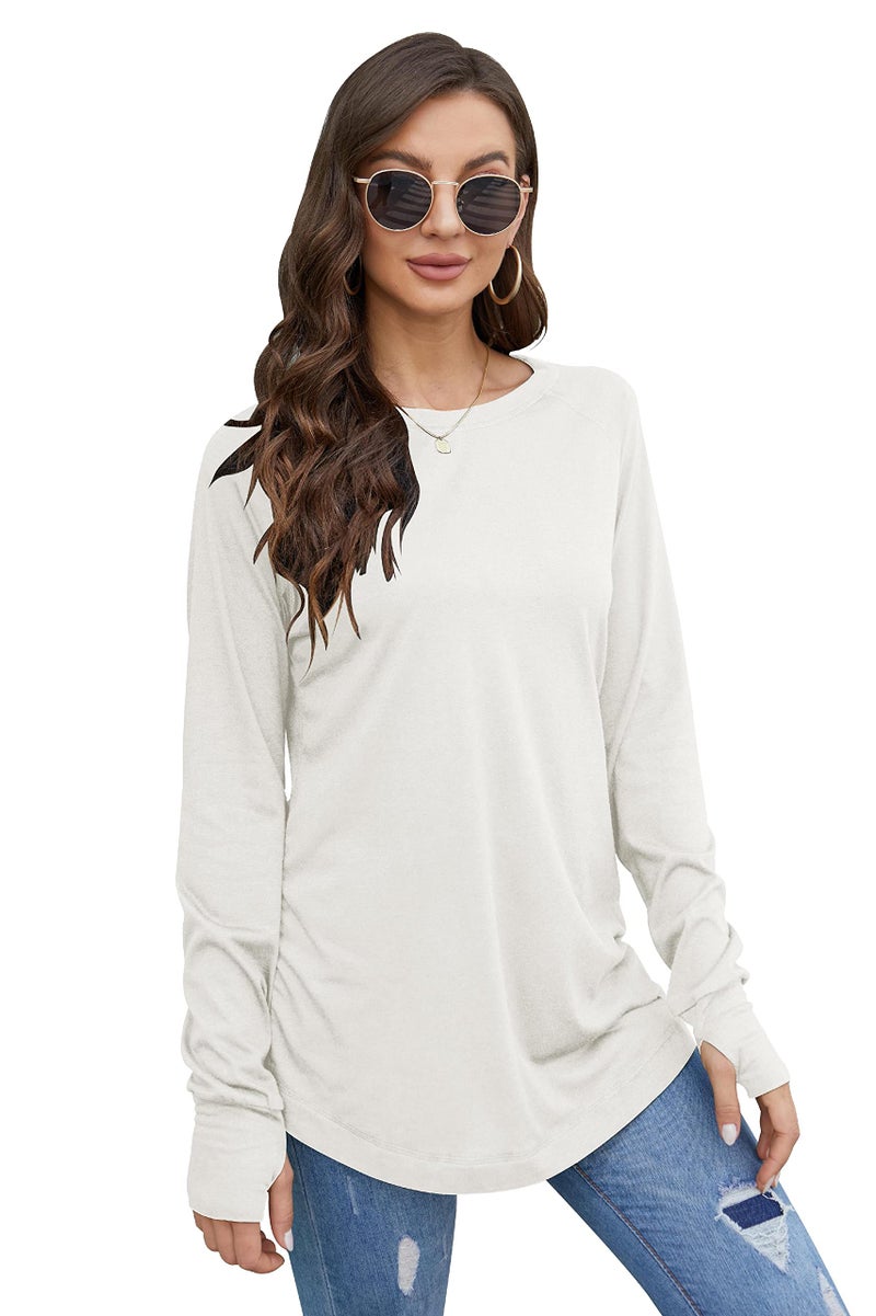 Fisoew Women's Casual Long Sleeve Tops Crew Neck Round Hem Loose T-Shirts Tunic Tops with Thumb Holes White - Image 3