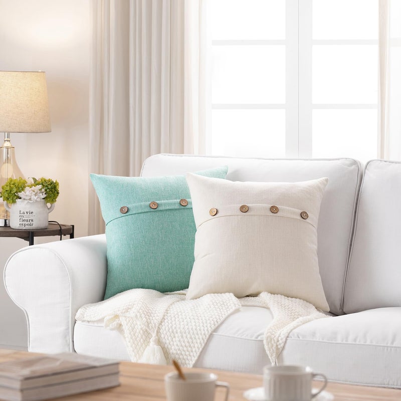 Meekio Set of 2 Ivory Square Pillow Covers 16 x 16 Farmhouse Boho Pillow Covers with Coconut Buttons for Sofa Couch Living Room Bedroom Farmhouse D?cor for The Home - Image 3