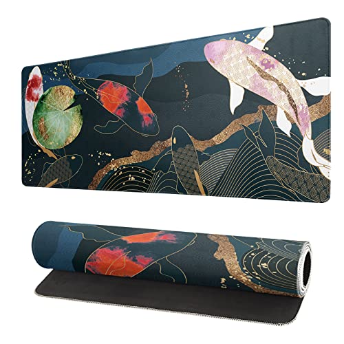 Brecoy Japanese Gaming Mouse Pad XL - Extended Large Mouse Mat Desk Pad, Stitched Edges Mousepad, 3mm Thick Long Non-Slip Rubber Base Mice Pad, 31.5 X 11.8 Inch - Koi Fish Art - Image 1