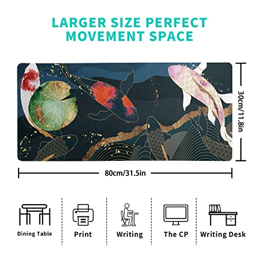 Brecoy Japanese Gaming Mouse Pad XL - Extended Large Mouse Mat Desk Pad, Stitched Edges Mousepad, 3mm Thick Long Non-Slip Rubber Base Mice Pad, 31.5 X 11.8 Inch - Koi Fish Art - Image 4