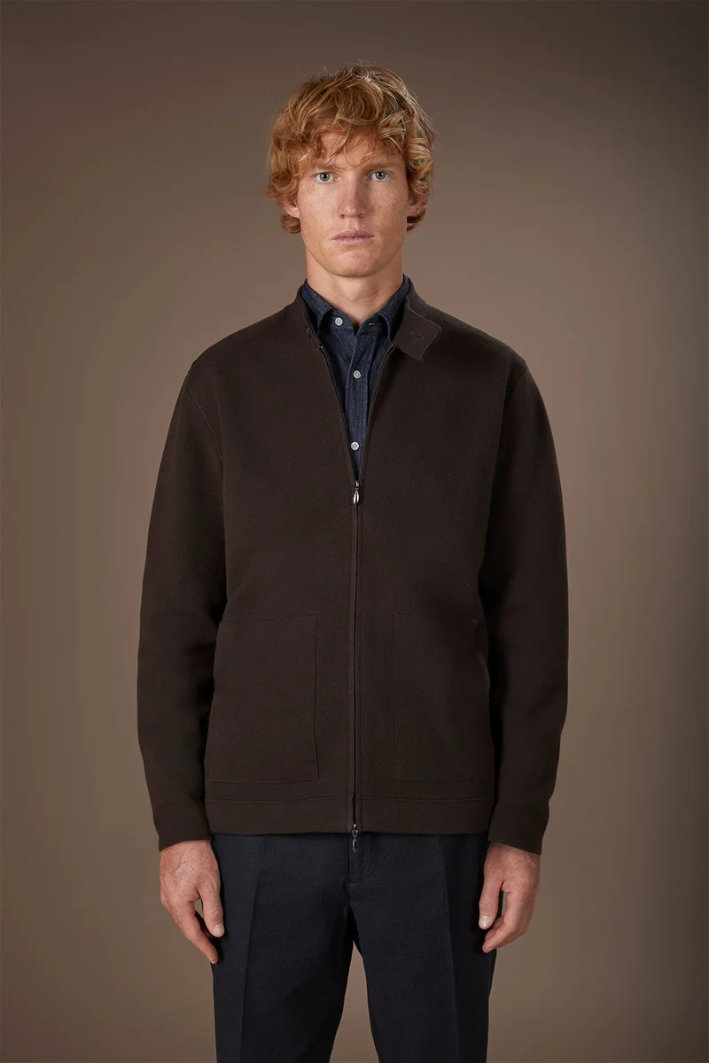 Men's biker jacket in 100% cotton Milano Point knit regular fit - Brown